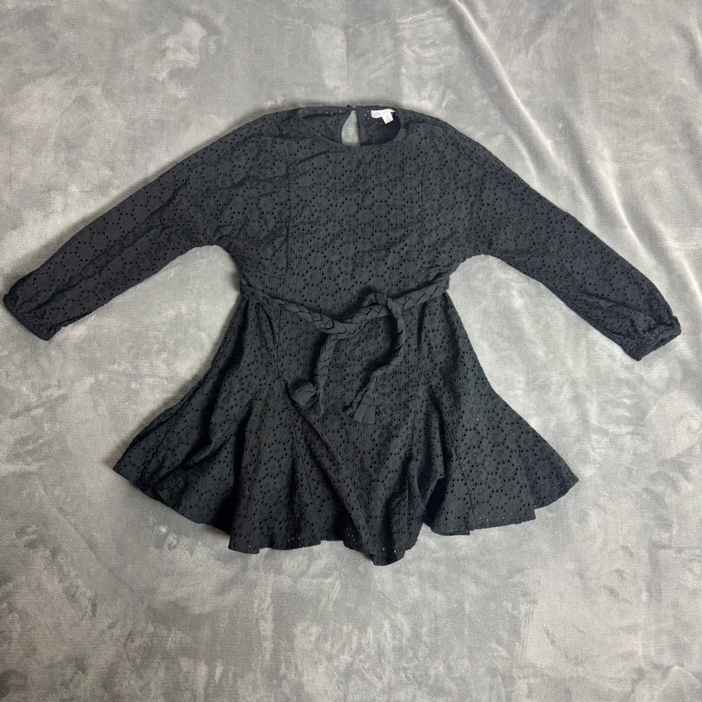 GB Girls Black Eyelet Dress M Whimsygoth Dark Cottagecore Fit Flare Belted
